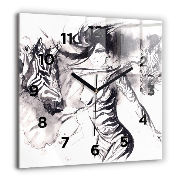 Square wall clock Woman and zebras
