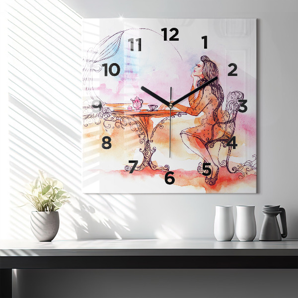 Square wall clock Woman drinking tea
