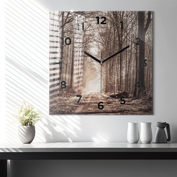 Square wall clock Forest path in sepia
