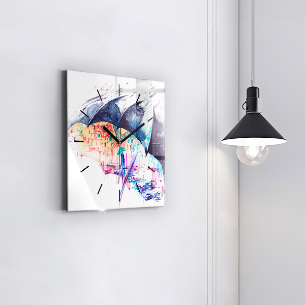 Square wall clock Rain umbrella and city