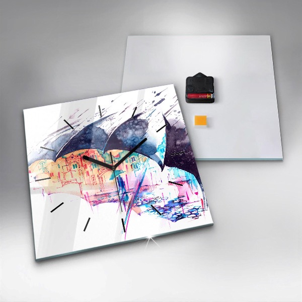 Square wall clock Rain umbrella and city