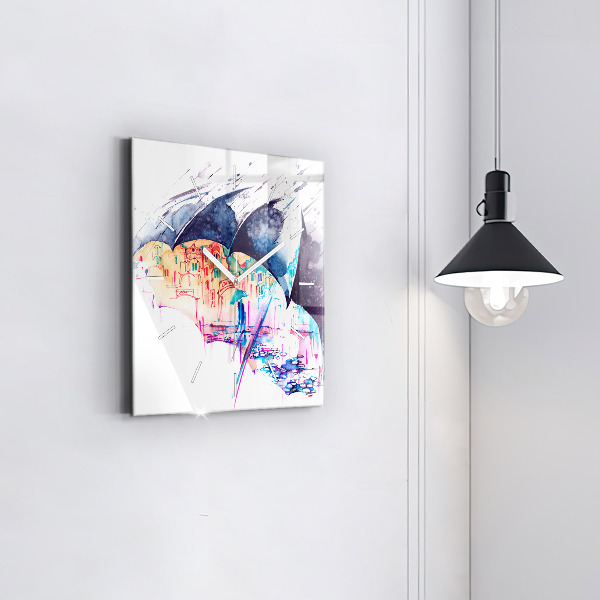 Square wall clock Rain umbrella and city
