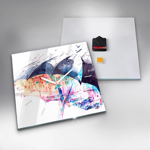 Square wall clock Rain umbrella and city