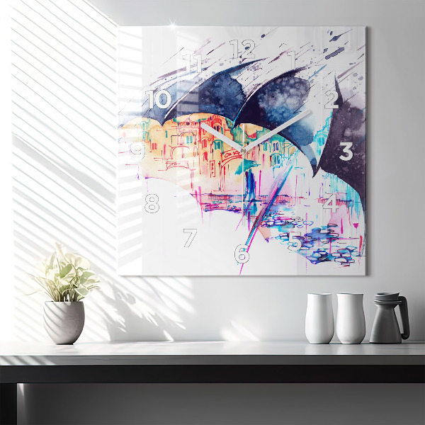 Square wall clock Rain umbrella and city