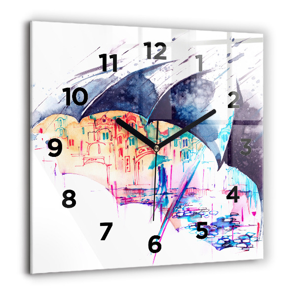 Square wall clock Rain umbrella and city