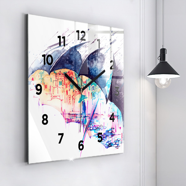 Square wall clock Rain umbrella and city
