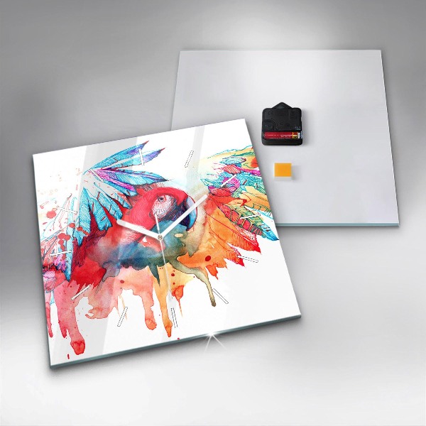Square wall clock Colorful red parrot