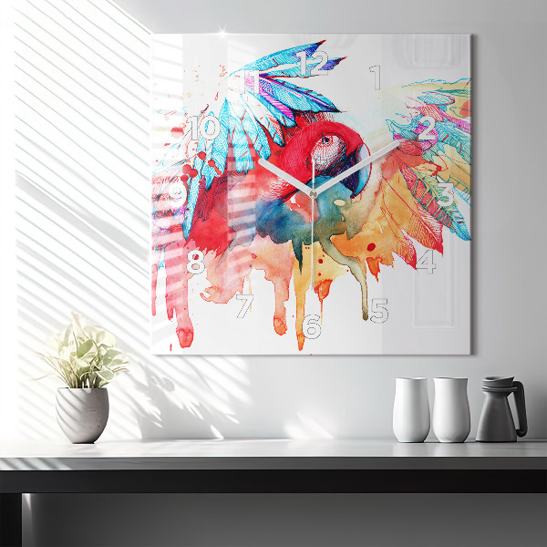 Square wall clock Colorful red parrot