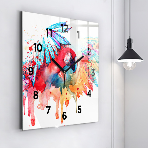 Square wall clock Colorful red parrot