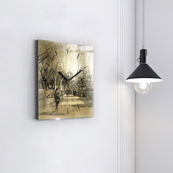 Square wall clock Park and trees in sepia