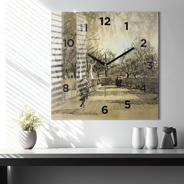 Square wall clock Park and trees in sepia