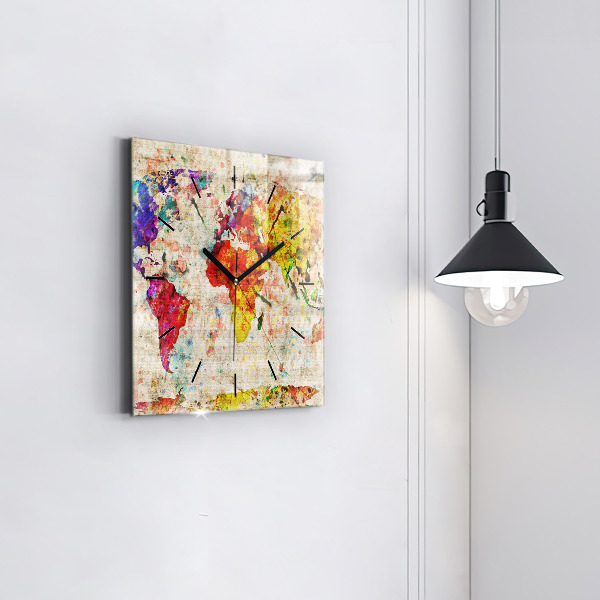 Square wall clock Colored world map