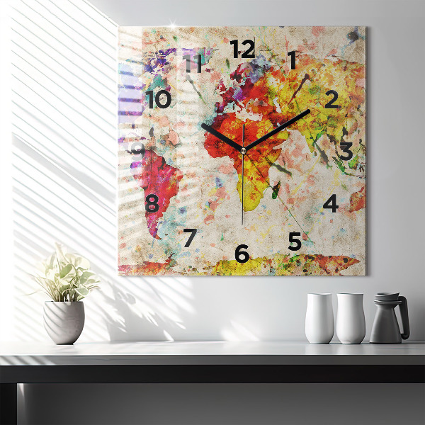 Square wall clock Colored world map