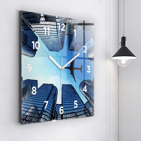 Square wall clock Airplane over buildings