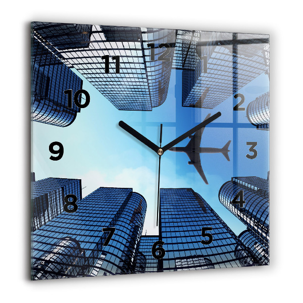Square wall clock Airplane over buildings