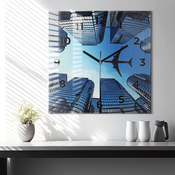 Square wall clock Airplane over buildings