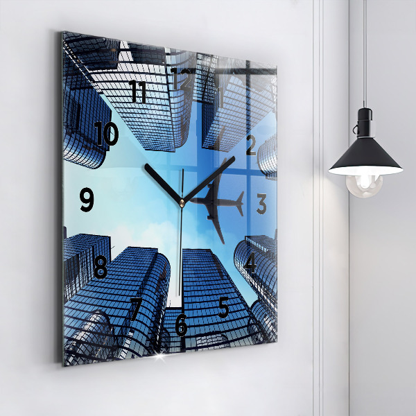 Square wall clock Airplane over buildings