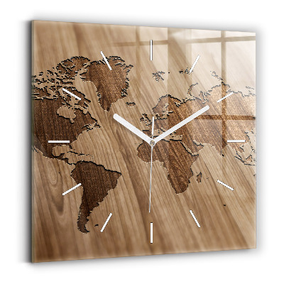 Square wall clock World map on wood
