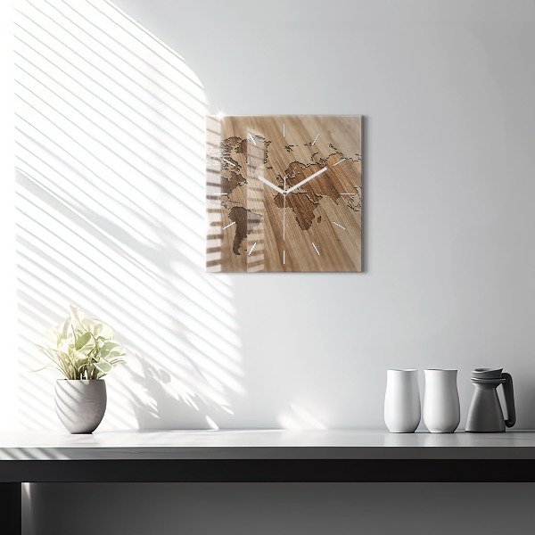 Square wall clock World map on wood