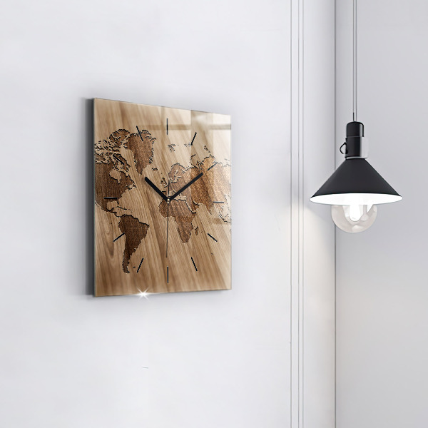 Square wall clock World map on wood