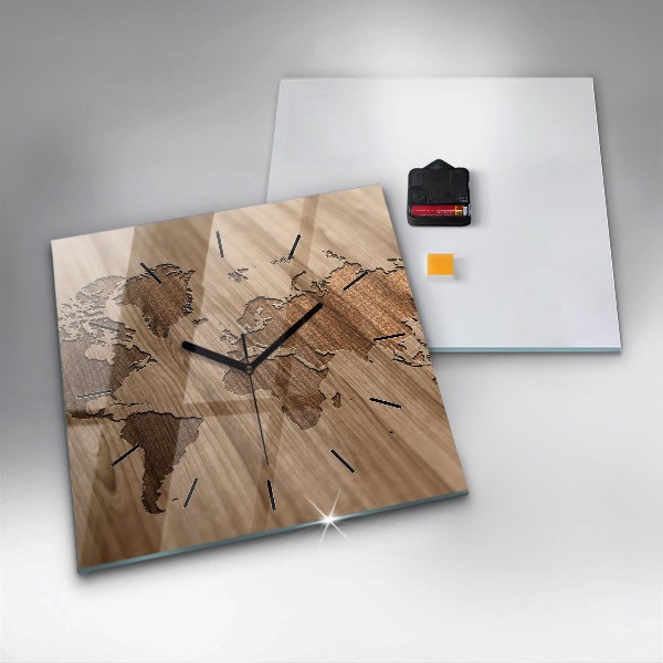 Square wall clock World map on wood