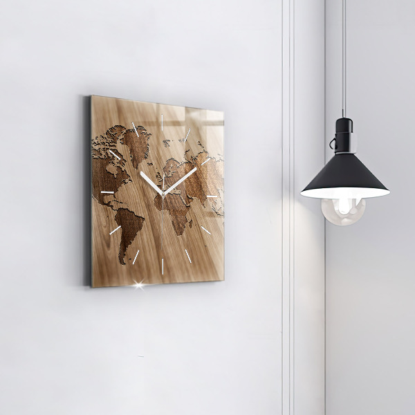 Square wall clock World map on wood