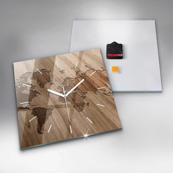 Square wall clock World map on wood
