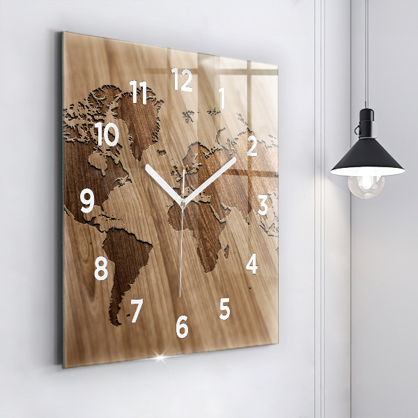 Square wall clock World map on wood