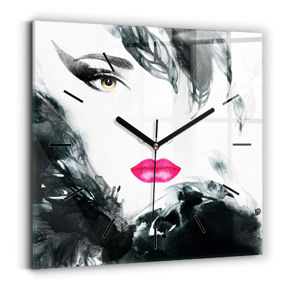Square wall clock Portrait of a woman red lips