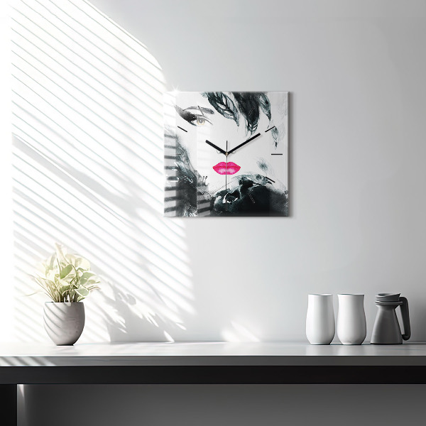 Square wall clock Portrait of a woman red lips