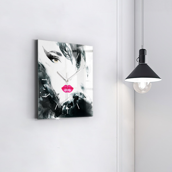 Square wall clock Portrait of a woman red lips