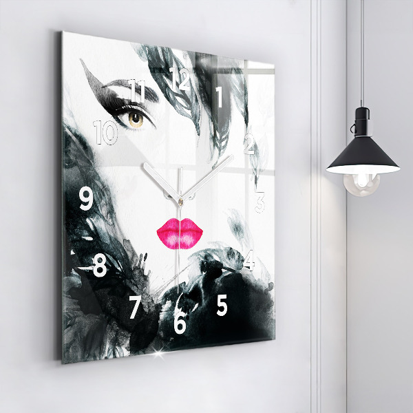 Square wall clock Portrait of a woman red lips
