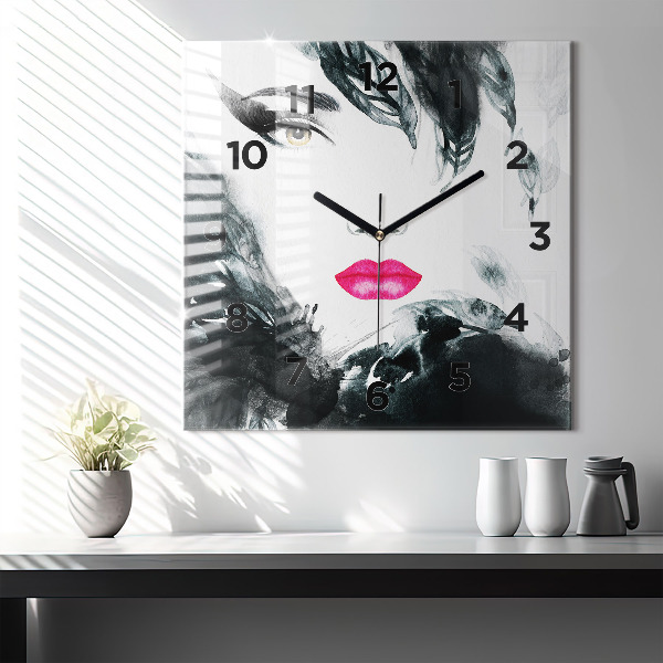 Square wall clock Portrait of a woman red lips
