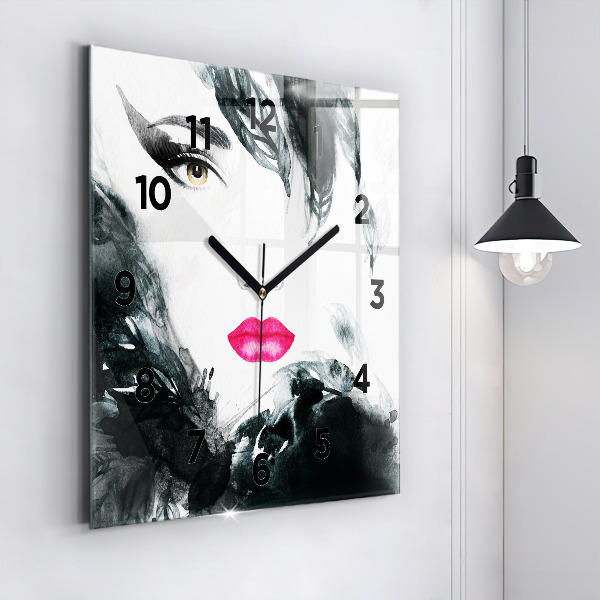 Square wall clock Portrait of a woman red lips