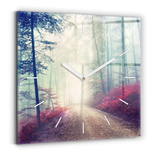 Square wall clock Autumn road Forest Fog