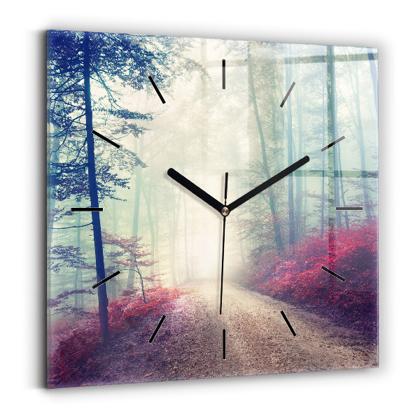 Square wall clock Autumn road Forest Fog