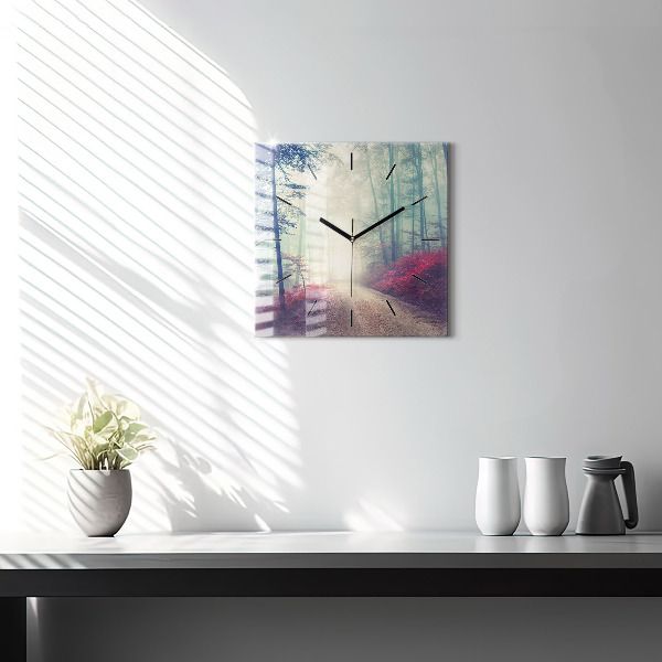 Square wall clock Autumn road Forest Fog