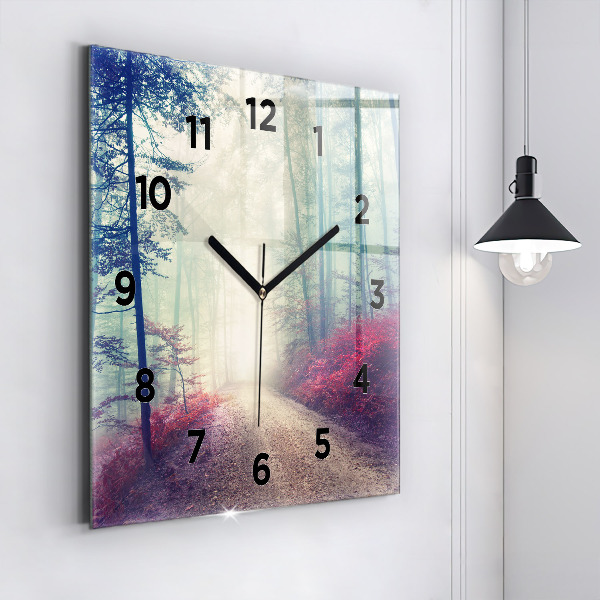 Square wall clock Autumn road Forest Fog
