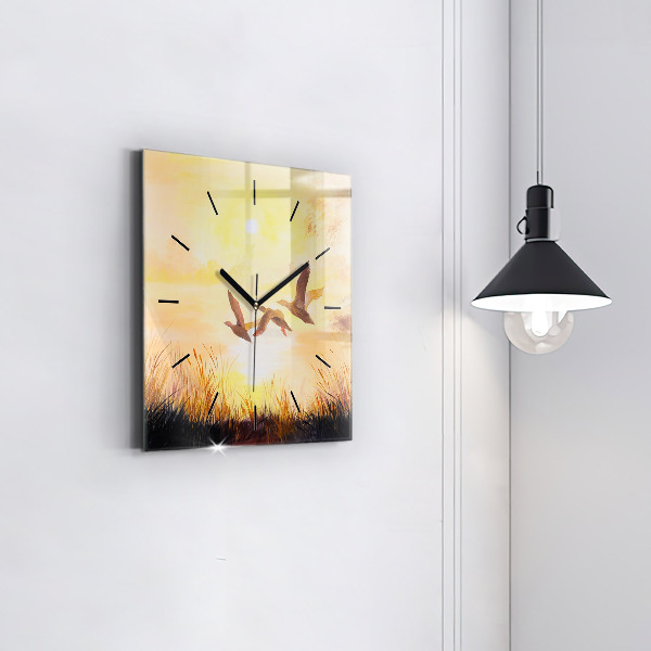 Square wall clock Cranes at sunset