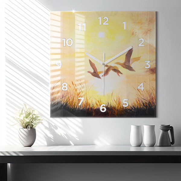 Square wall clock Cranes at sunset