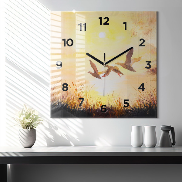 Square wall clock Cranes at sunset
