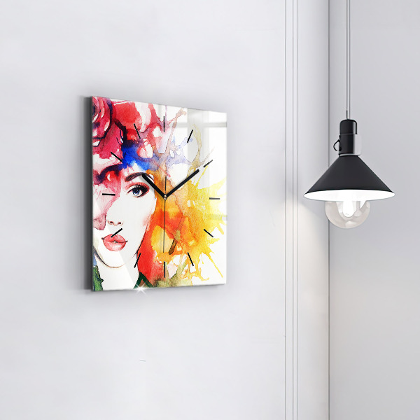 Square wall clock Colorful portrait of a woman