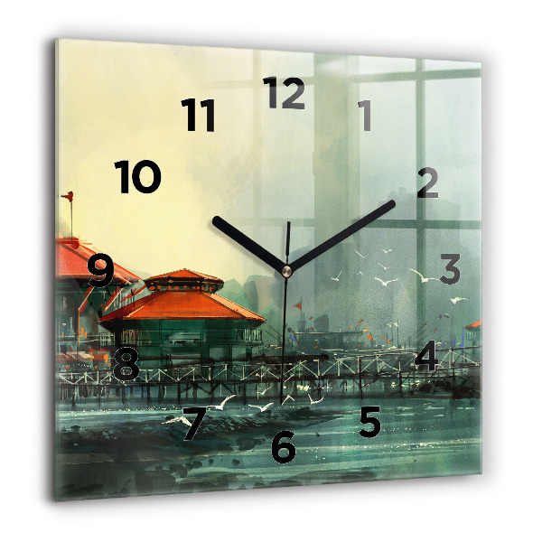 Square wall clock Fishing village