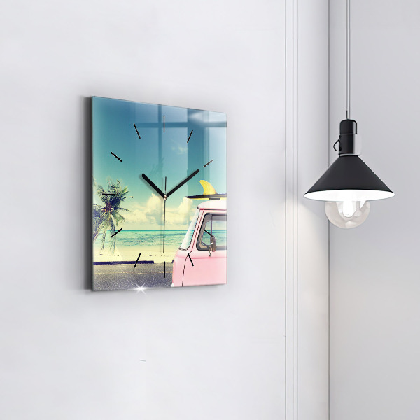 Square wall clock Car with surfboard