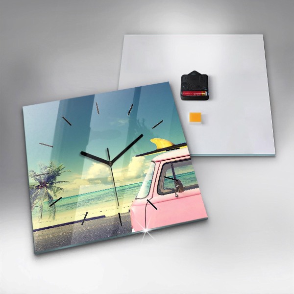 Square wall clock Car with surfboard