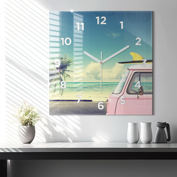 Square wall clock Car with surfboard