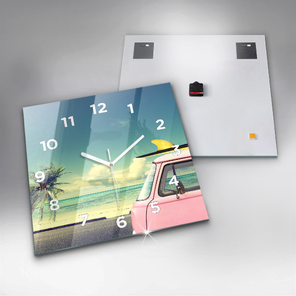 Square wall clock Car with surfboard
