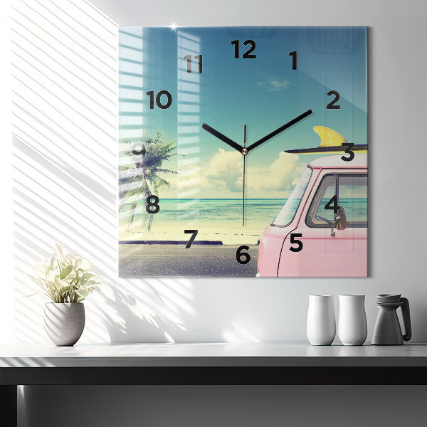 Square wall clock Car with surfboard