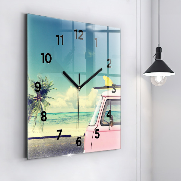 Square wall clock Car with surfboard