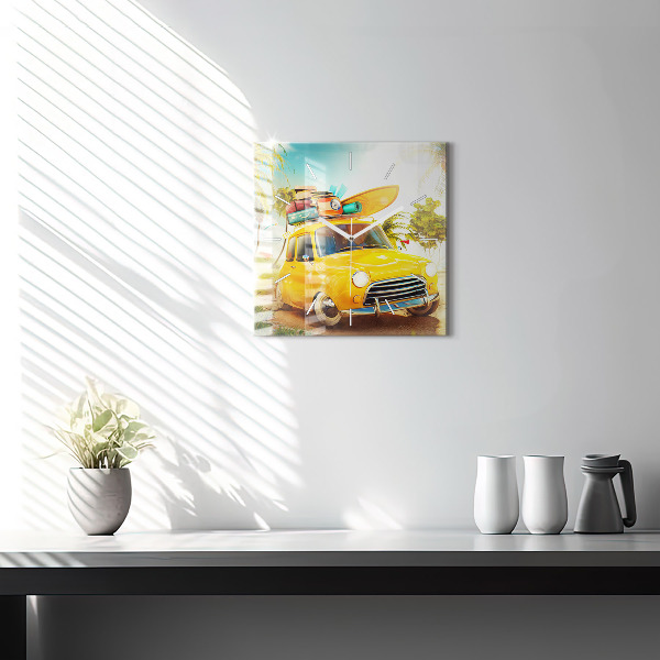 Square wall clock Car with surfboard